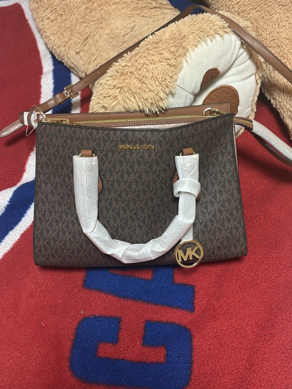 Michael Kors Brown Signature Logo Shoulder Satchel with Gold Accents